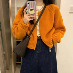 高级感超好看橘色拉链毛衣开衫女春秋外穿宽松慵懒风短款针织外套
