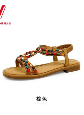 意尔康女鞋2026夏季新款彩珠松紧带民族风罗马凉鞋女6363AL17819U