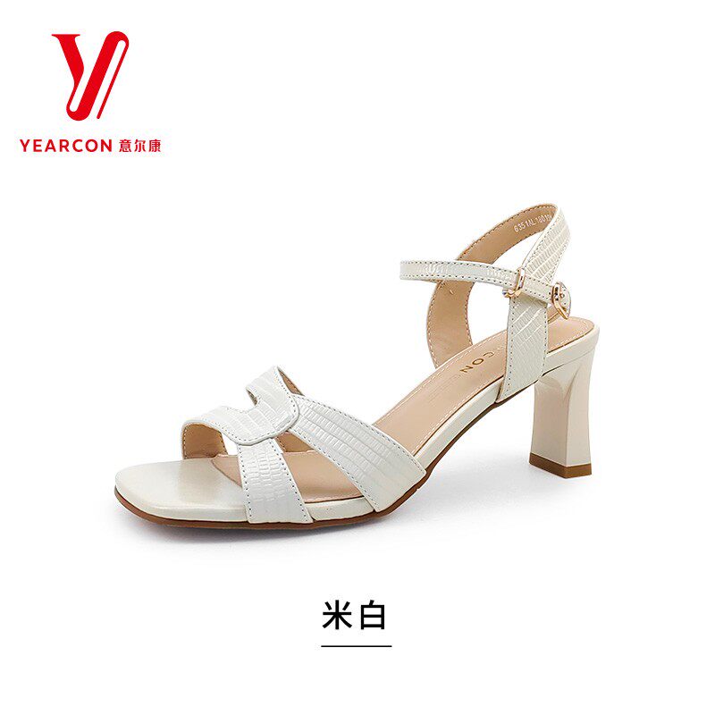 意尔康女鞋2026夏季新款一字扣带鳄鱼纹粗跟时尚凉鞋6351AL18019Y