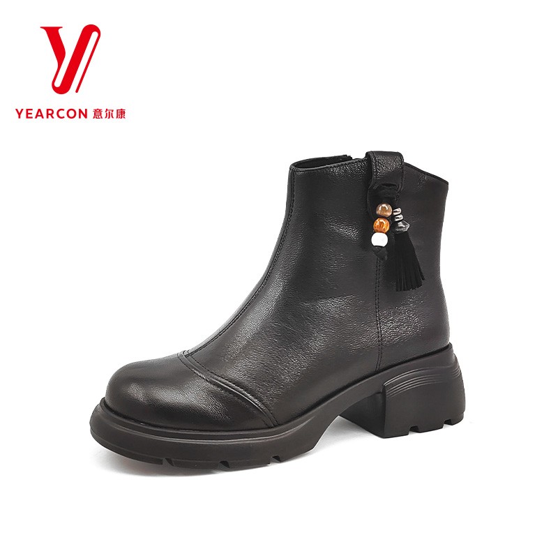 意尔康女鞋2025冬季新款真皮法式粗跟加绒时装靴子潮5762GM315763
