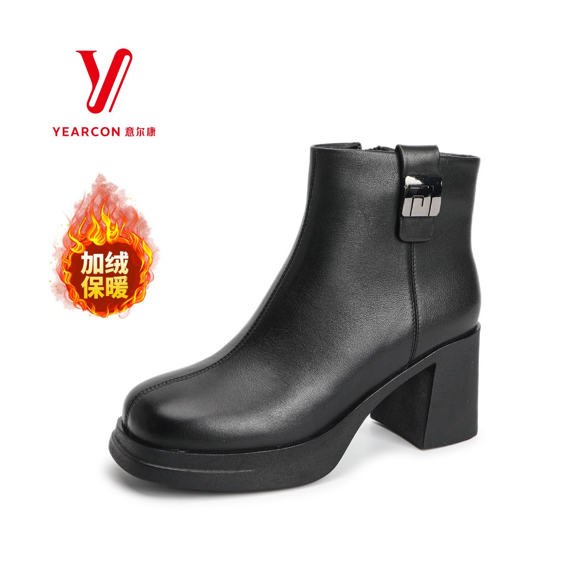 意尔康女靴粗跟高跟真皮加绒
