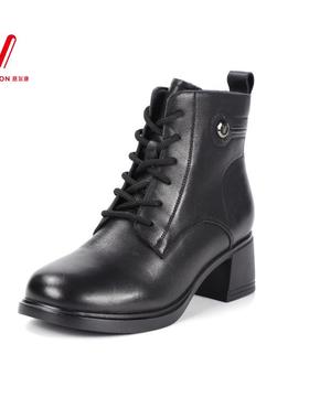 意尔康女靴2025新款休闲时尚舒适高跟粗跟系带短靴女S762DH26366Y