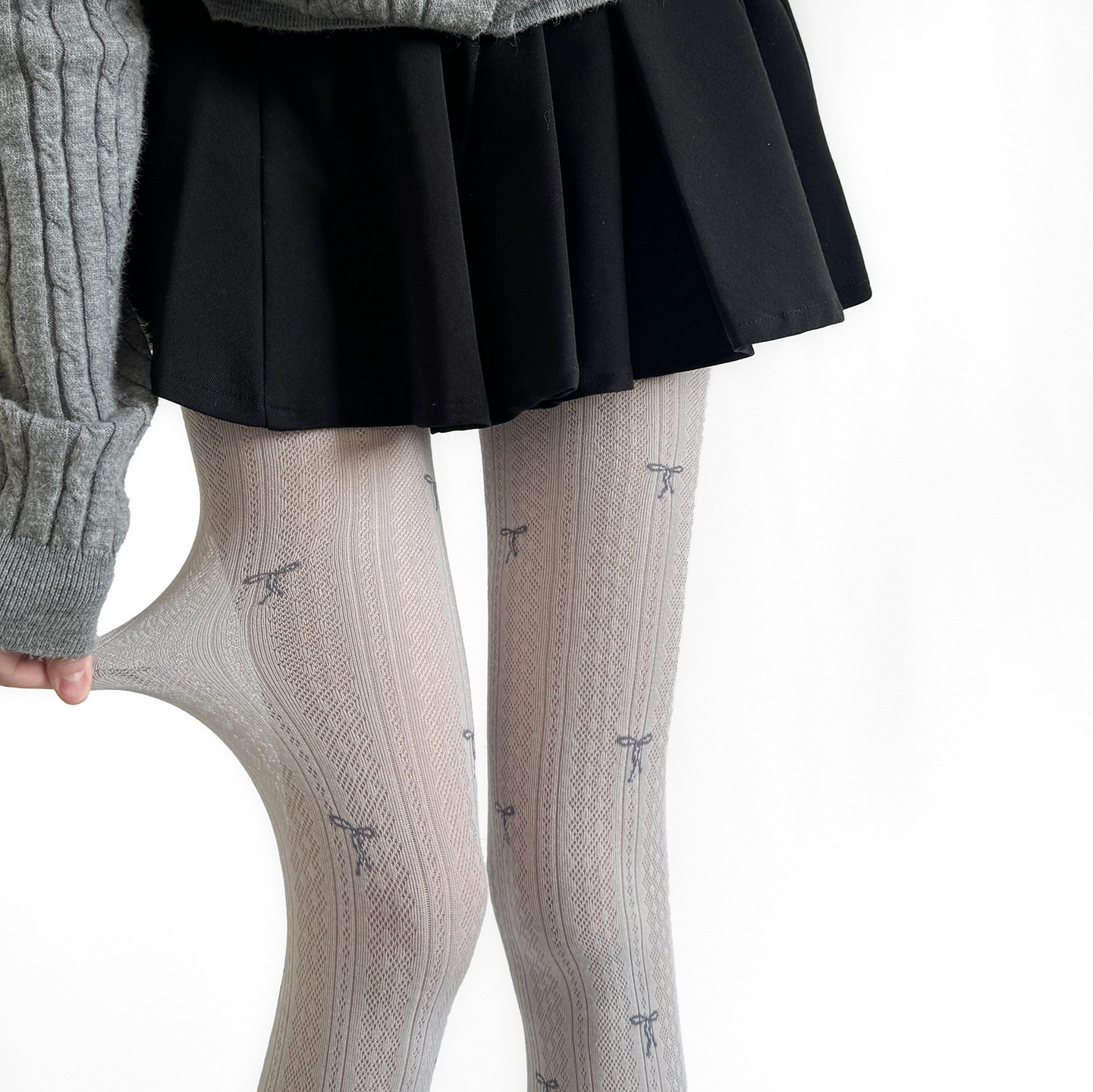 春季新款甜美蝴蝶结印花竖纹菱格打底裤女百搭显瘦纯欲连裤袜秋冬