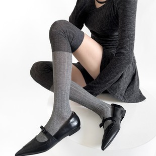 秋冬miu系走秀款宽条拼色过膝高筒袜撞色ins风长筒袜搭配长靴袜子