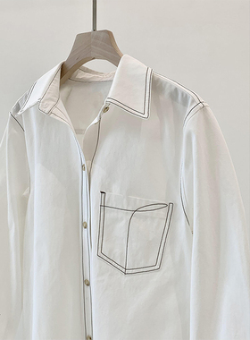 TT 24秋冬明线压边贴袋长袖翻领衬衫简约风白色时尚棉质休闲衬衫