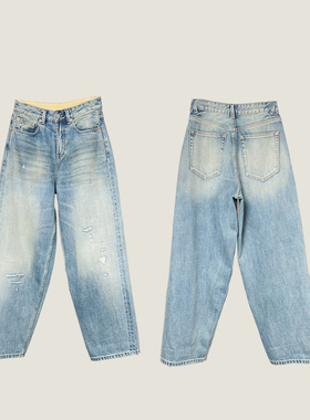 剪刀家意大利赤耳牛仔面料秋冬休闲经典高腰阔腿蓝色弯刀牛仔裤女