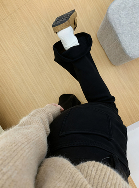 黑色加绒微喇牛仔裤女2025新款秋冬弹力高腰显瘦喇叭裤拖地马蹄裤