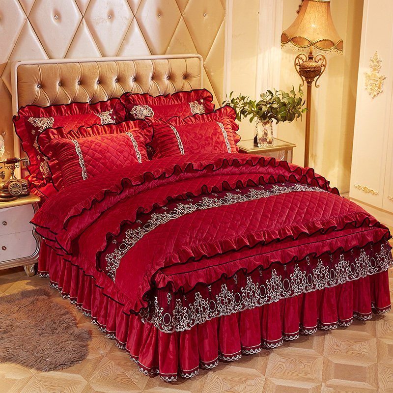 加厚夹棉天鹅绒床裙款四件套秋冬保暖蕾丝短毛绒床罩式花边纯色2m