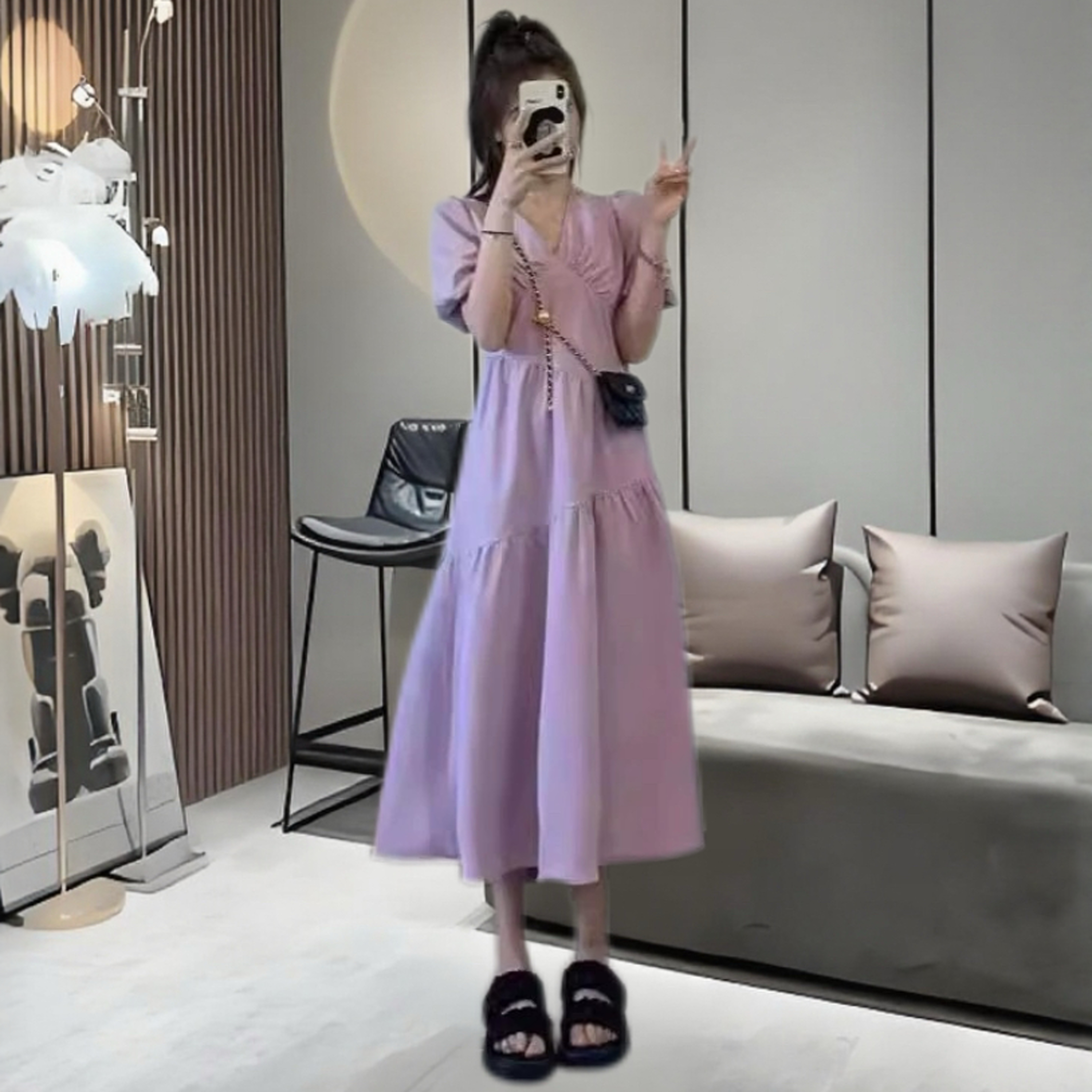 泡泡袖连衣裙女法式高级感气质收腰显瘦 紫色小个子设计感ins
