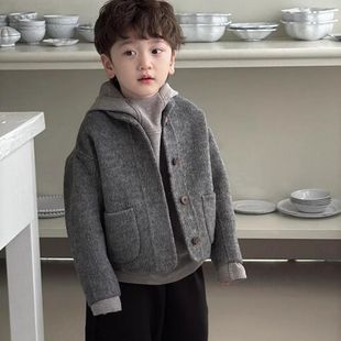 韩国童装男童呢子大衣秋冬季新款儿童双面绒加厚毛呢外套短款上衣