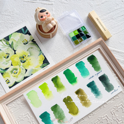 白夜水彩颜料分装固体全块管状大师级固体水彩植物绿色系水彩便携