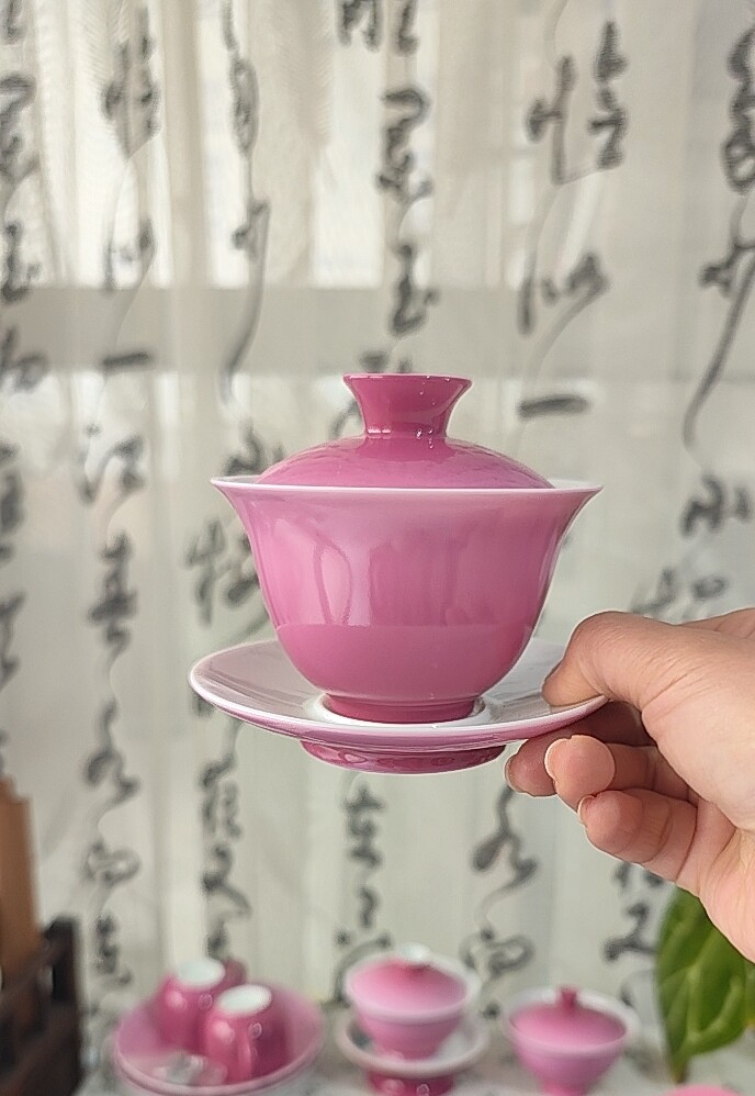心歌古风胭脂红渐变色三才盖碗大容量150ml