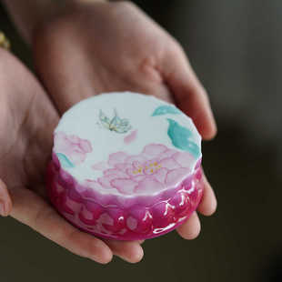 心歌景德镇陶瓷新款莲花座盖置胭脂红渐变莲花盖置杯托手绘芍药图