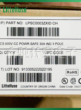进口美国力特LPSC0003ZXID 30A 3P 10X38 600V 保险丝管熔断器座