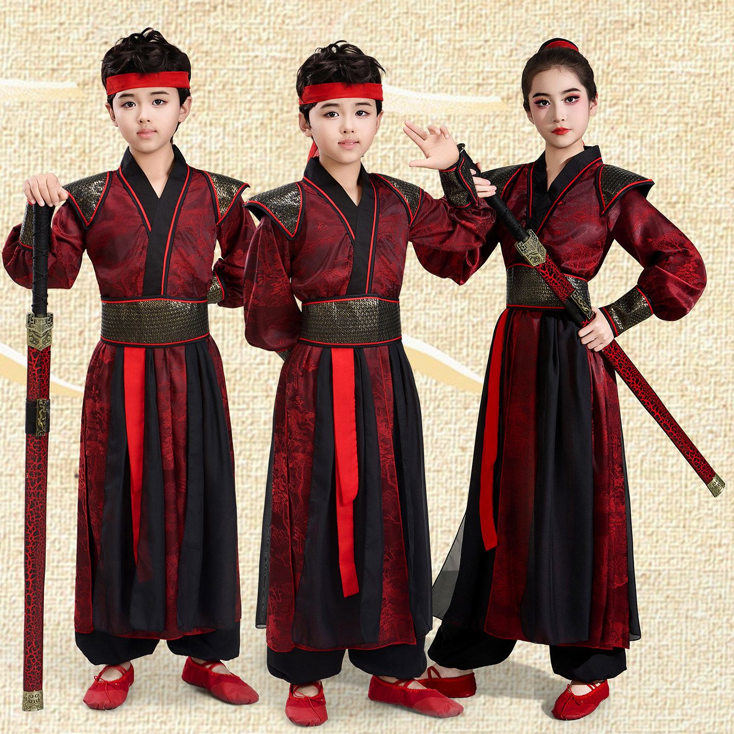 男女童花木兰古装侠客风表演服国风汉服象王行雪龙吟扇子舞打鼓服
