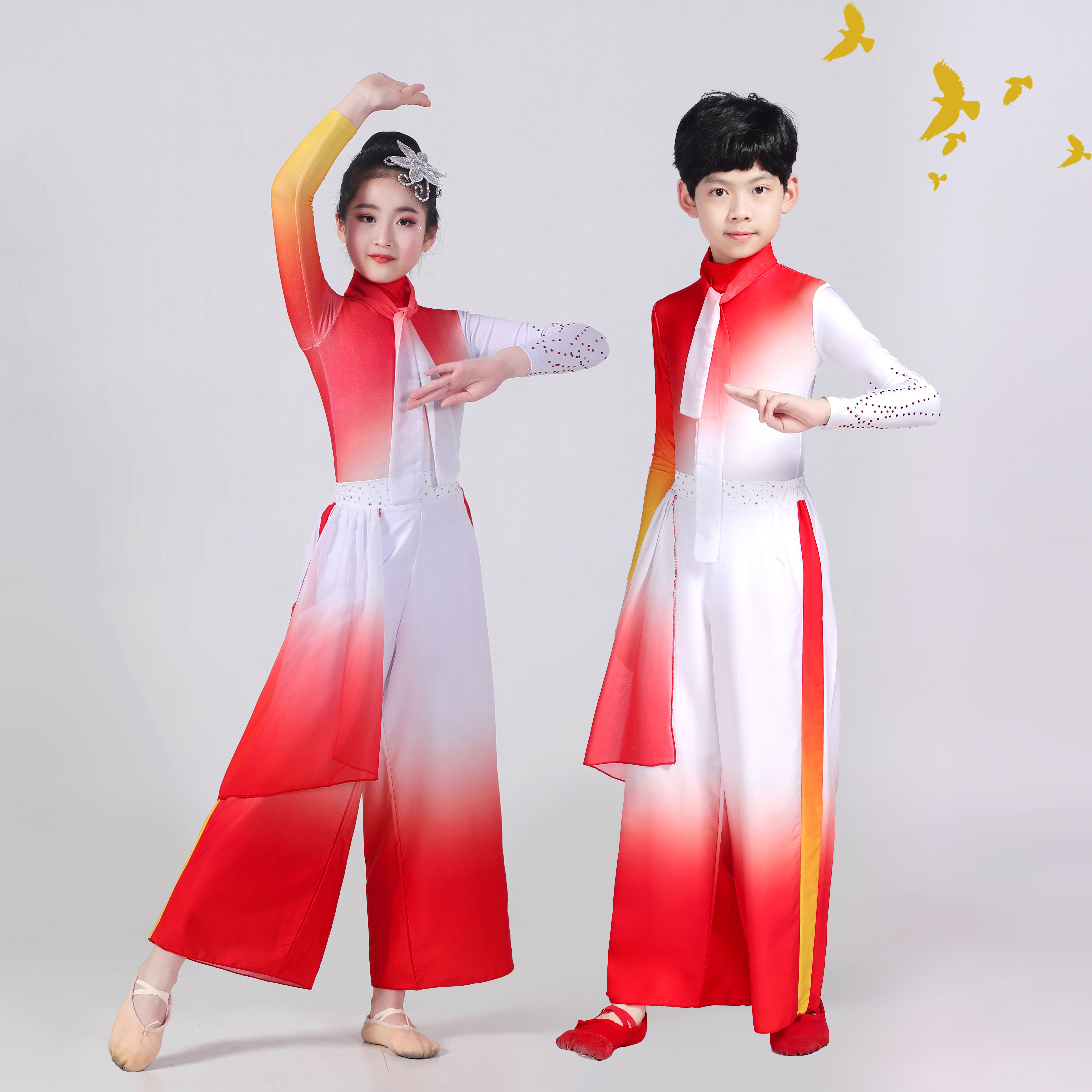 儿童万疆舞蹈服现代合唱演出服女飘逸中国风红歌爱国灯火里的中国