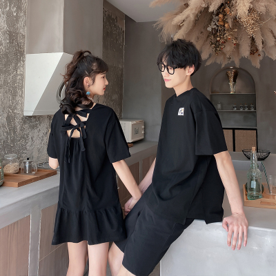 6867女裙P50 男套装50 情侣夏装宽松短袖T恤同色系你衣我裙