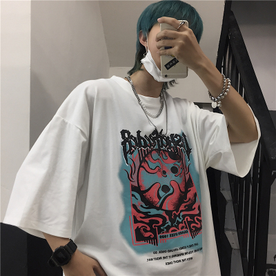 4028-P32  夏INS暗黑复古眼球字母印花百搭宽松短袖T恤男女情侣