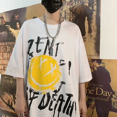 4130-P32 韩国ins潮人复古笑脸印花宽松显瘦上衣短袖情侣t恤