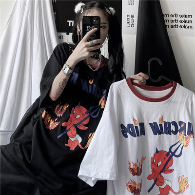 3388-P30 新款夏天韩版ins复古小恶魔印花宽松学生短袖上衣男女