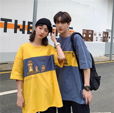 6849-P35 2020夏天时尚情侣装宽松男女学生拼色半袖圆领T恤女