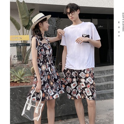6820女裙P70 男套P70  情侣时尚印花吊带连衣裙男T套装度假旅行