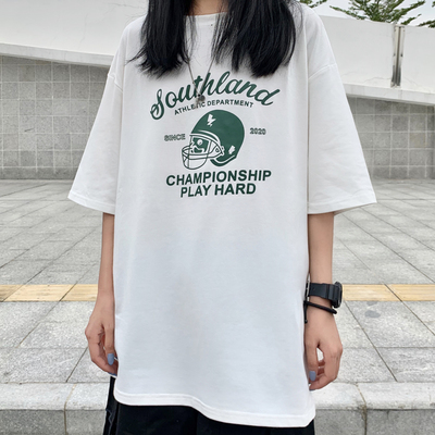 4595-P30 韩国ins复古橄榄球印花宽松短袖T恤男女