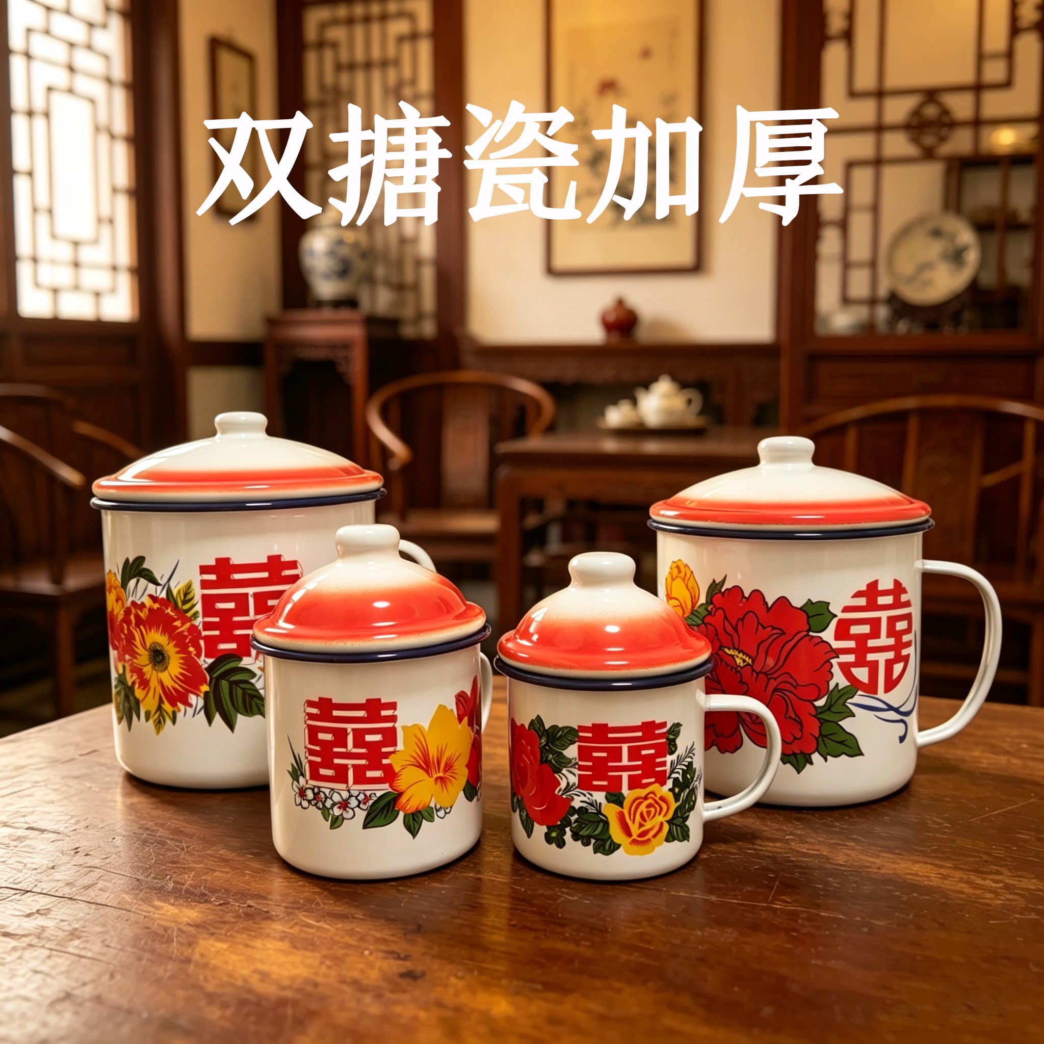 加厚搪瓷杯结婚双喜铁茶缸子