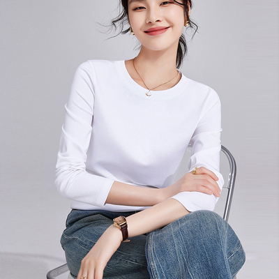 高档丝光棉长袖T恤女2026年秋季新款百搭上衣纯色修身显瘦打底衫