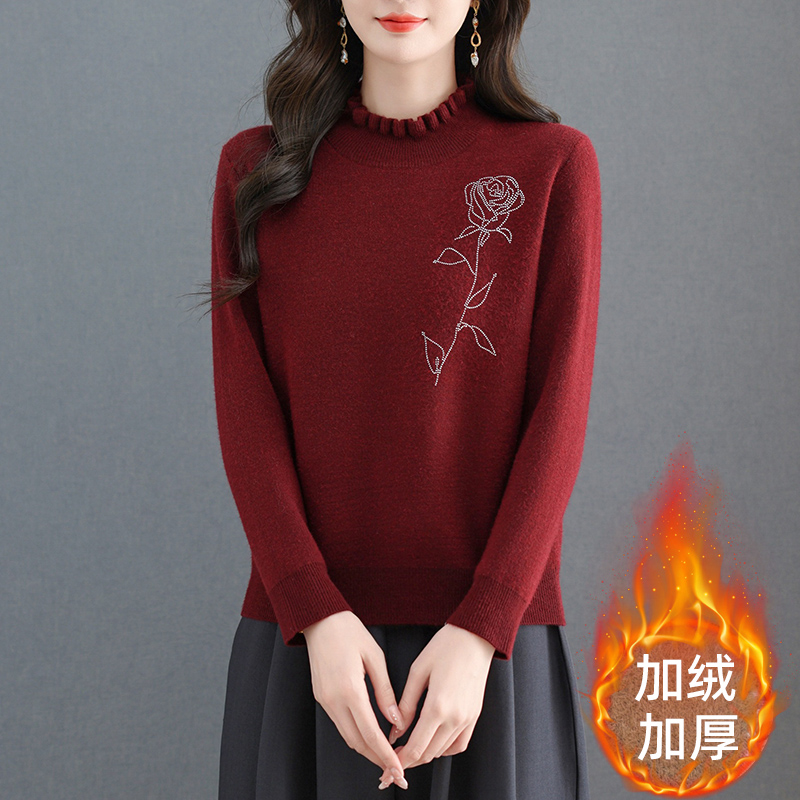 鄂尔多斯市加绒加厚半高领毛衣女2025冬季新款短款保暖羊毛打底衫