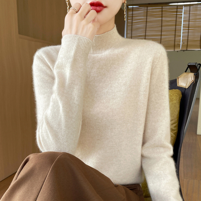 鄂尔多斯市100纯羊毛衫女秋冬新款半高领羊绒打底衫宽松套头毛衣