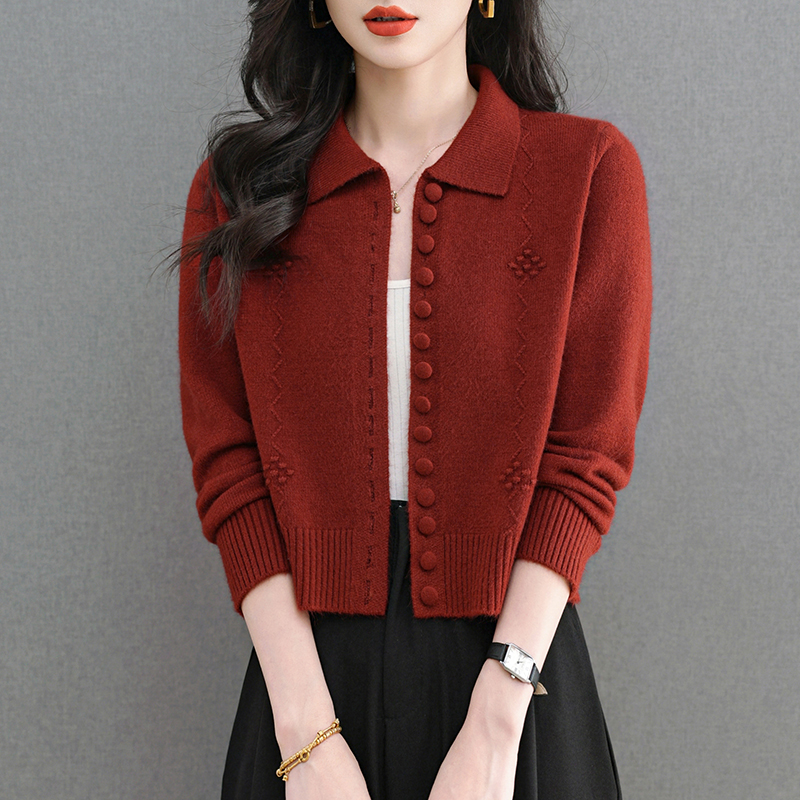 鄂尔多斯市翻领羊毛衫女2025秋冬新款毛衣外套妈妈短款针织衫开衫