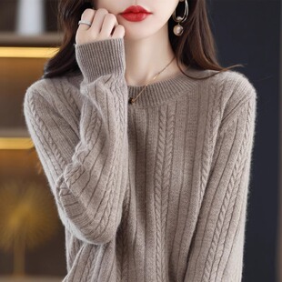 鄂尔多斯市100%羊绒衫女2024秋冬新款羊毛打底衫短款圆领套头毛衣