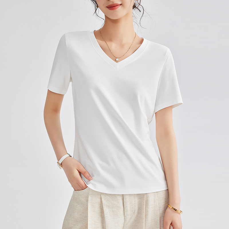 专柜正品鸡心领冰丝短袖T恤女2025年夏季新款V领上衣薄款修身体恤