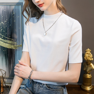 专柜正品半高领纯棉中袖t恤女