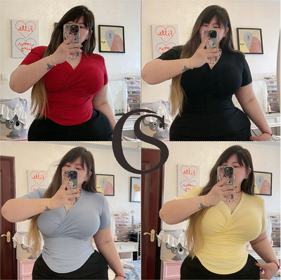 大码女装纯色交叉V领气质上衣T恤