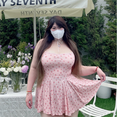 大码女装甜美碎花吊带连衣裙