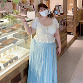 女装 海盐泡泡大码 度假性感上衣女蓝色刺绣半身裙裙子 陈橙橙 180