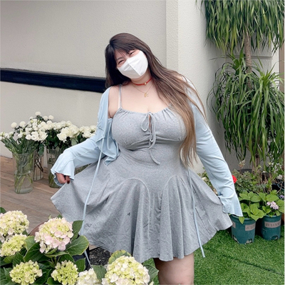 大码女装绑带抽绳吊带连衣裙