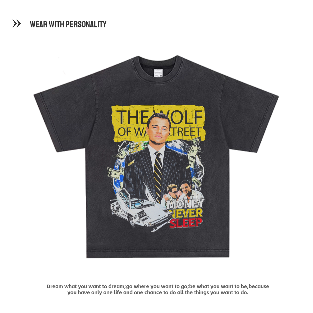 电影 华尔街之狼 莱昂纳多小李子人物印花短袖高街纯棉T恤半袖男