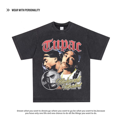 2PAC 说唱歌手周边短袖T恤男女夏季纯棉美式街头复古半袖上衣服潮