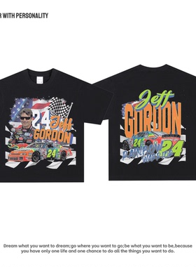 Gordon赛车美式印花纯棉透气重磅高街复古青年小领口宽松长短袖