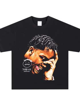 美式复古嘻哈TS斯科特印花透气纯棉连帽卫衣百搭重磅长短袖圆领