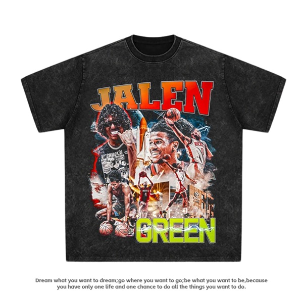 杰伦格林纯棉潮牌美式水洗做旧高街潮流篮球T恤vintage复古长短袖