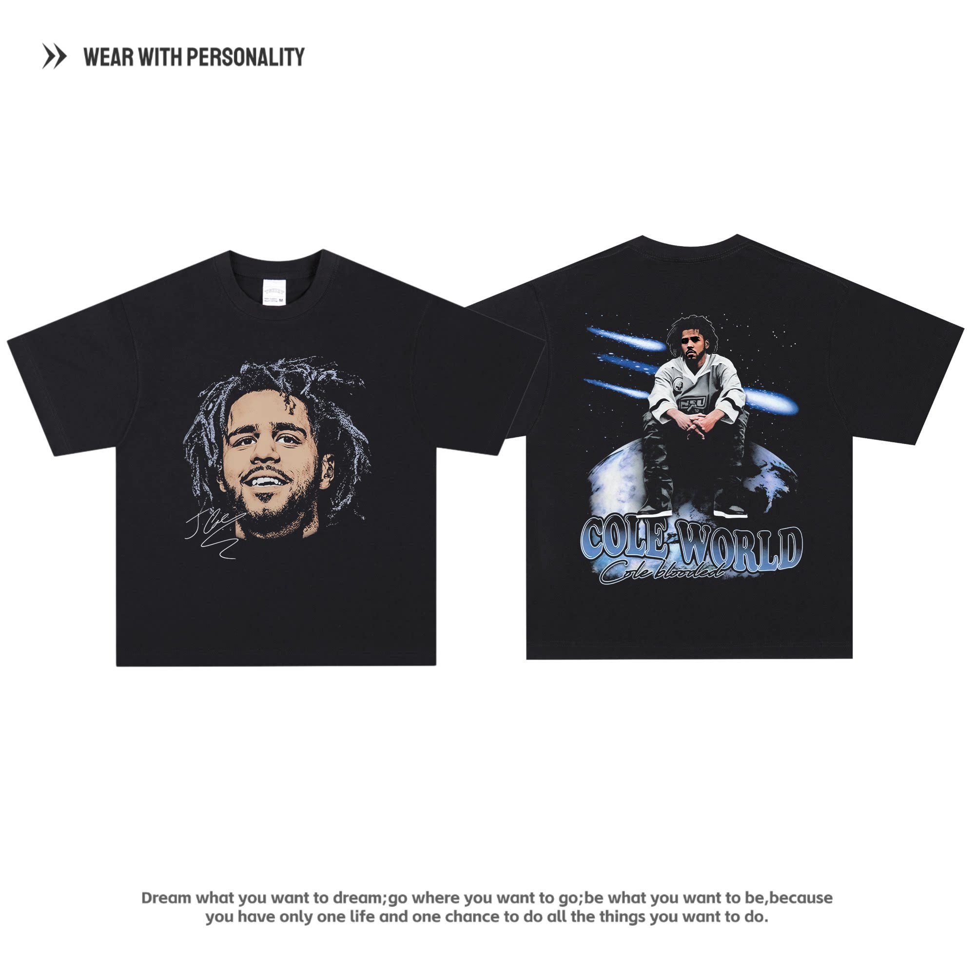 嘻哈说唱JCole科尔短袖 vintage美式重磅小领口纯棉潮流长袖t恤