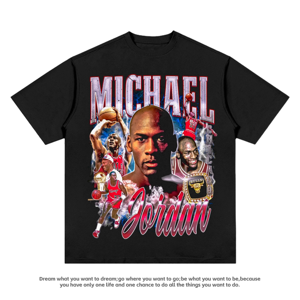 MJ美式重磅纯棉数码直喷短袖vintage篮球圆领hiphop运动宽松T恤男