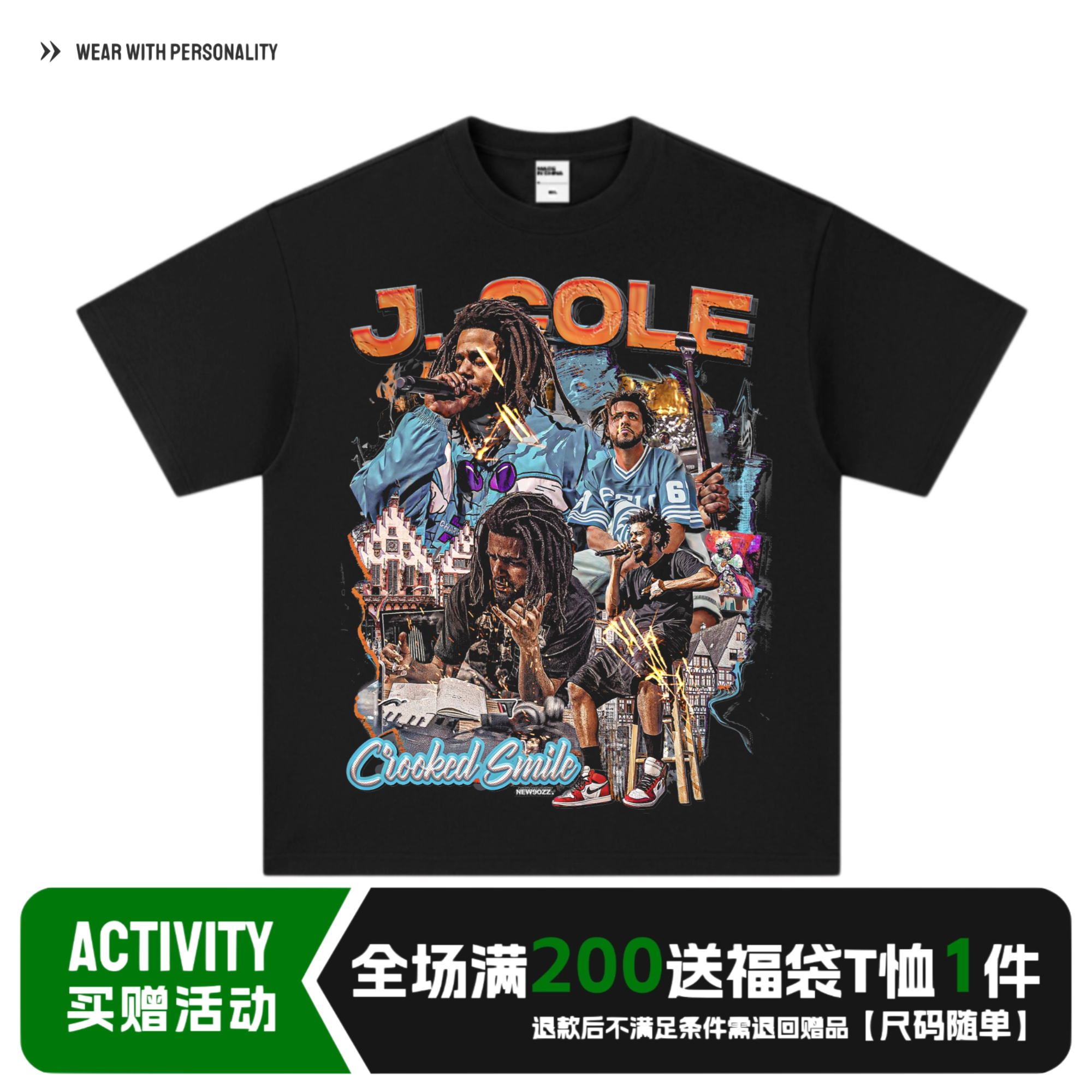 j.cole嘻哈说唱hiphop男女学生宽松T恤印花vtg重磅水洗做旧长短袖