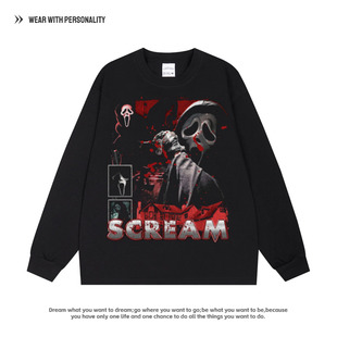 长短袖 惊声尖叫Scream 惊悚印花喷涂VINTAGE宽松纯棉小领口打底衫