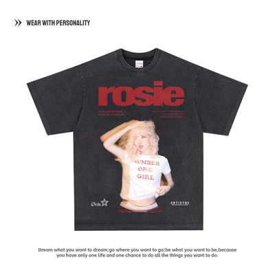 朴彩英ROSE 美式潮牌重磅宽松百搭透气纯棉人像印花短袖T恤