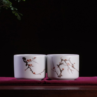 雅光白手绘没骨梅花吉祥如意杯景德镇高温瓷釉上彩居家茶室伴手礼